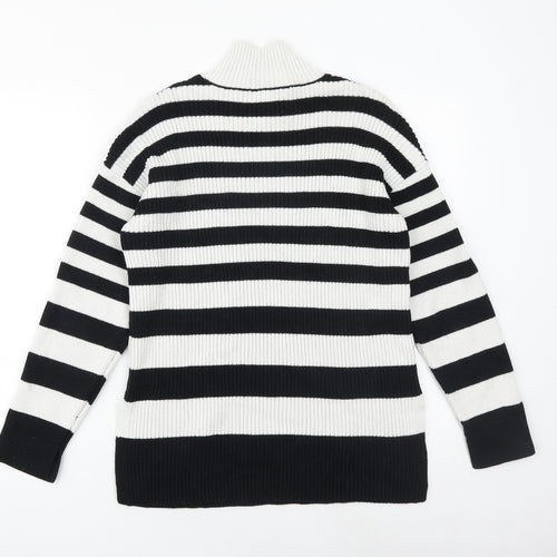 Marks and Spencer Womens Black Mock Neck Striped Cotton Pullover Jumper Size M