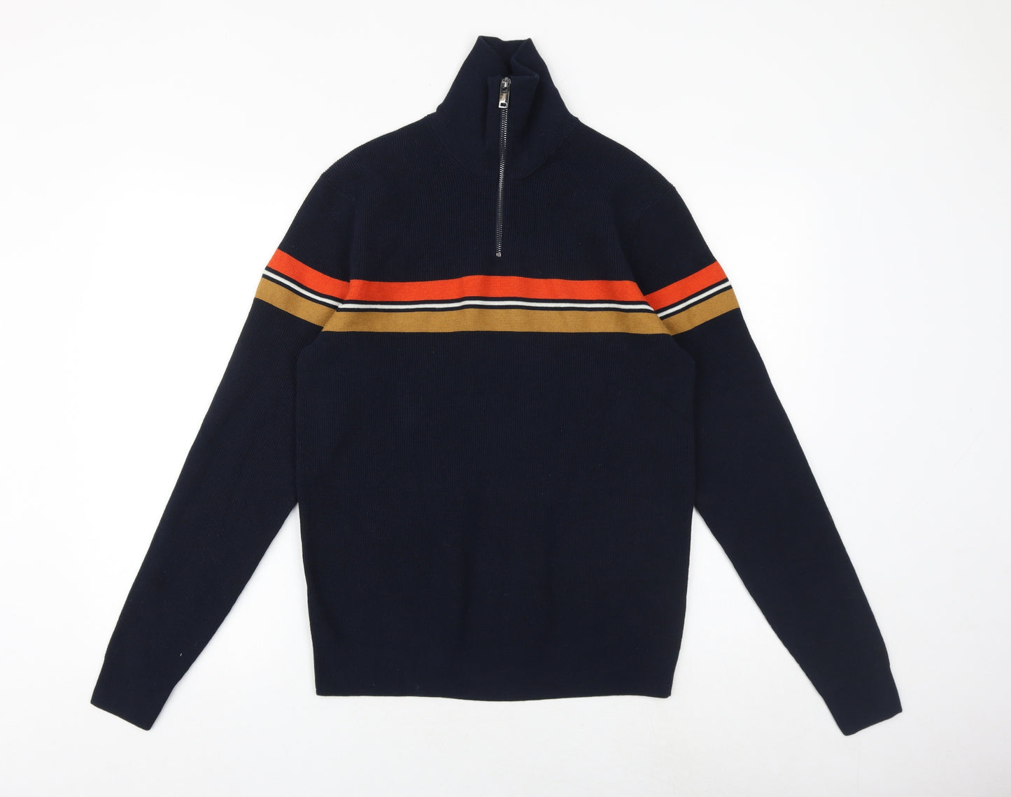 Marks and Spencer Mens Blue High Neck Striped Polyester Pullover Jumper Size M Long Sleeve