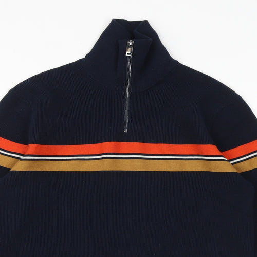Marks and Spencer Mens Blue High Neck Striped Polyester Pullover Jumper Size M Long Sleeve