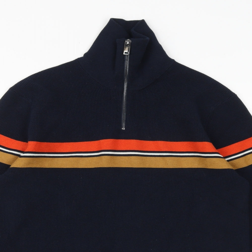 Marks and Spencer Mens Blue High Neck Striped Polyester Pullover Jumper Size M Long Sleeve