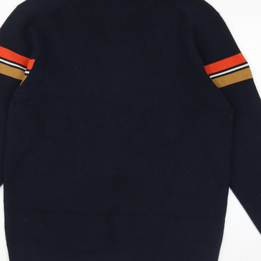 Marks and Spencer Mens Blue High Neck Striped Polyester Pullover Jumper Size M Long Sleeve