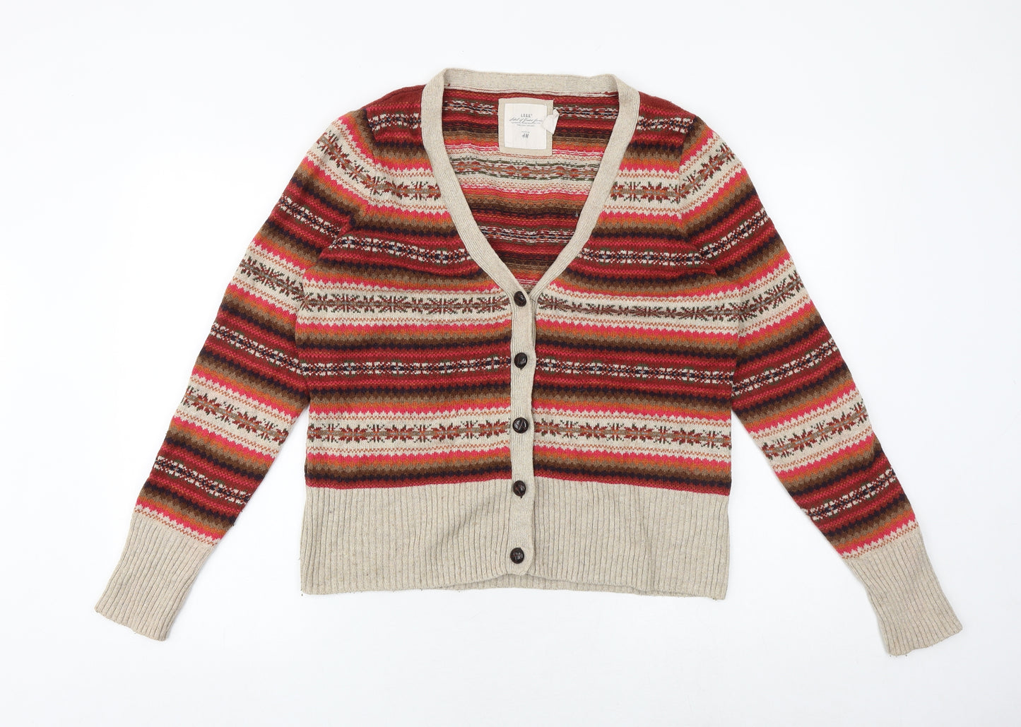 H&M Womens Multicoloured V-Neck Geometric Cotton Cardigan Jumper Size XL