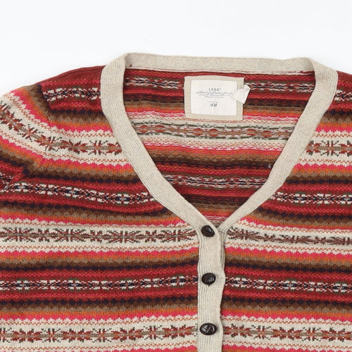 H&M Womens Multicoloured V-Neck Geometric Cotton Cardigan Jumper Size XL