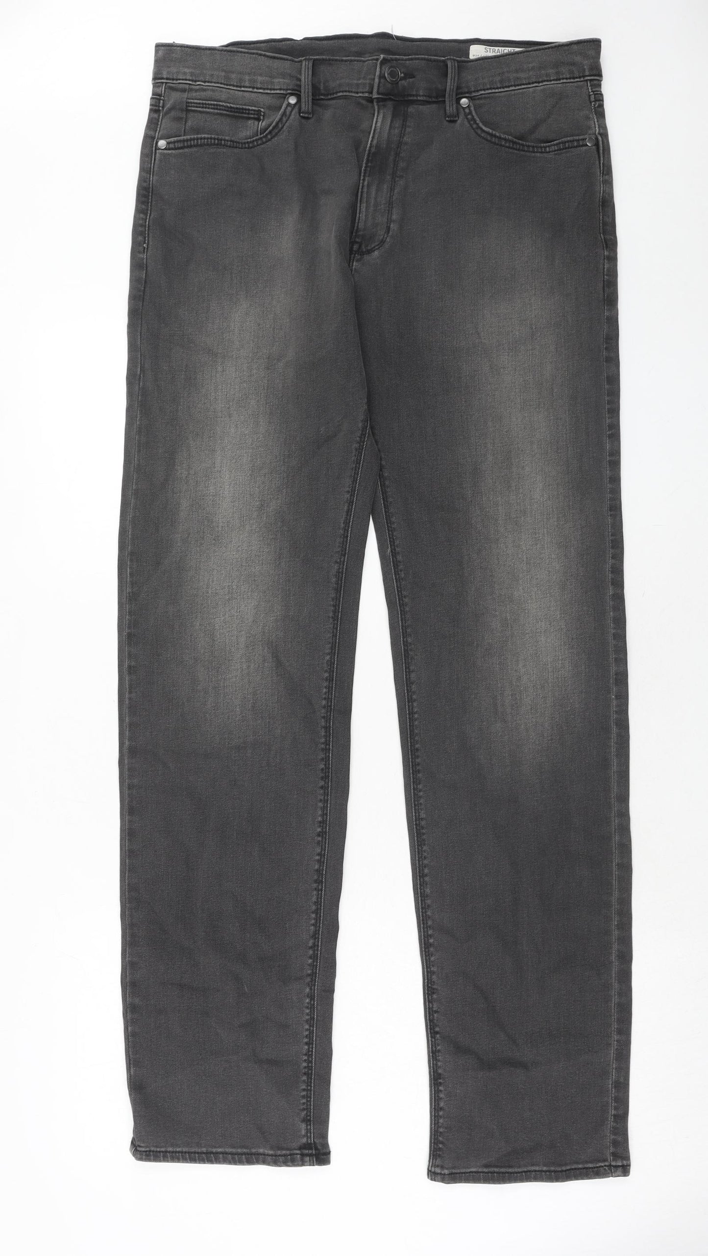 Marks and Spencer Mens Grey Cotton Straight Jeans Size 34 in L33 in Regular Zip