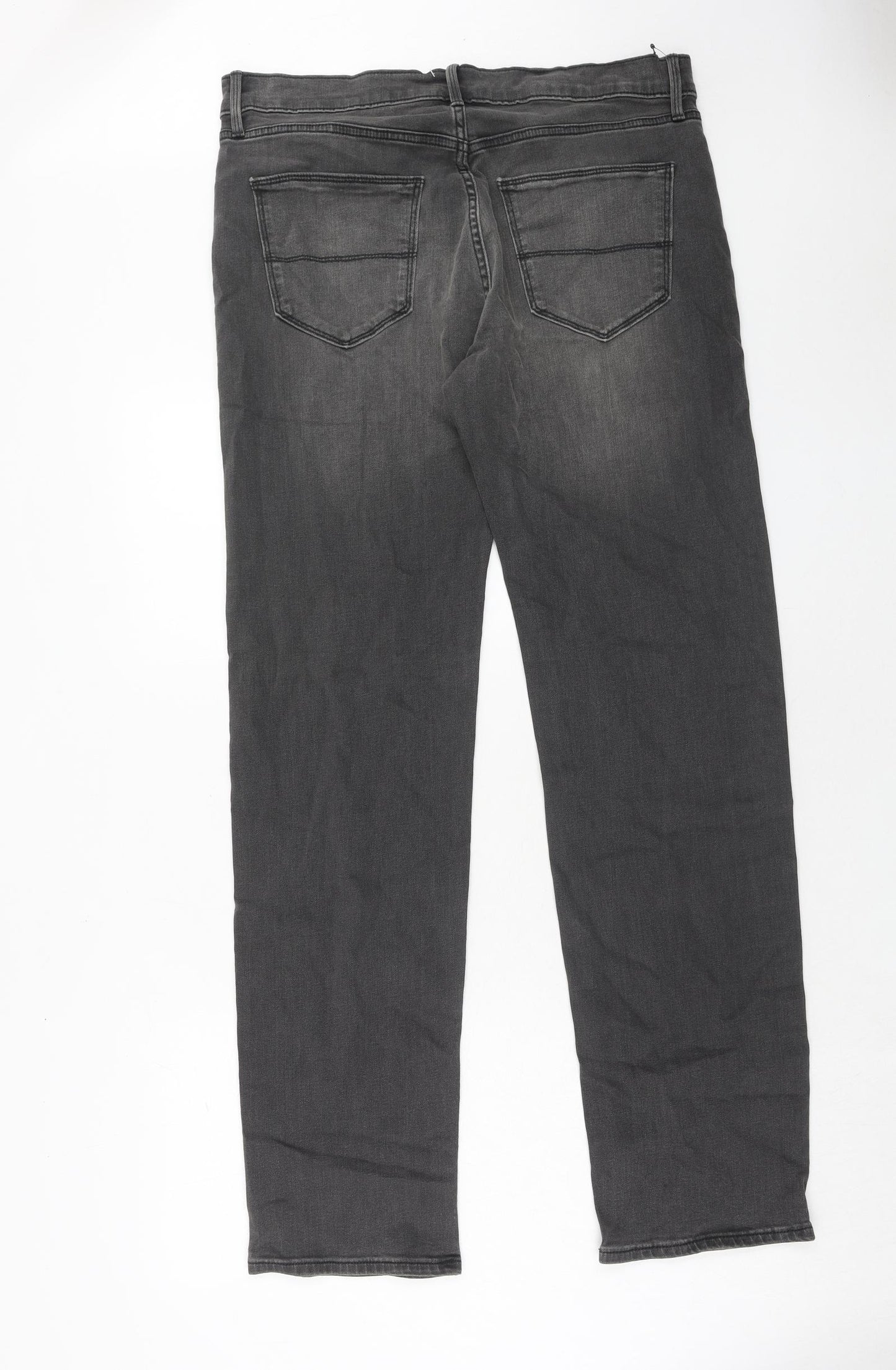 Marks and Spencer Mens Grey Cotton Straight Jeans Size 34 in L33 in Regular Zip