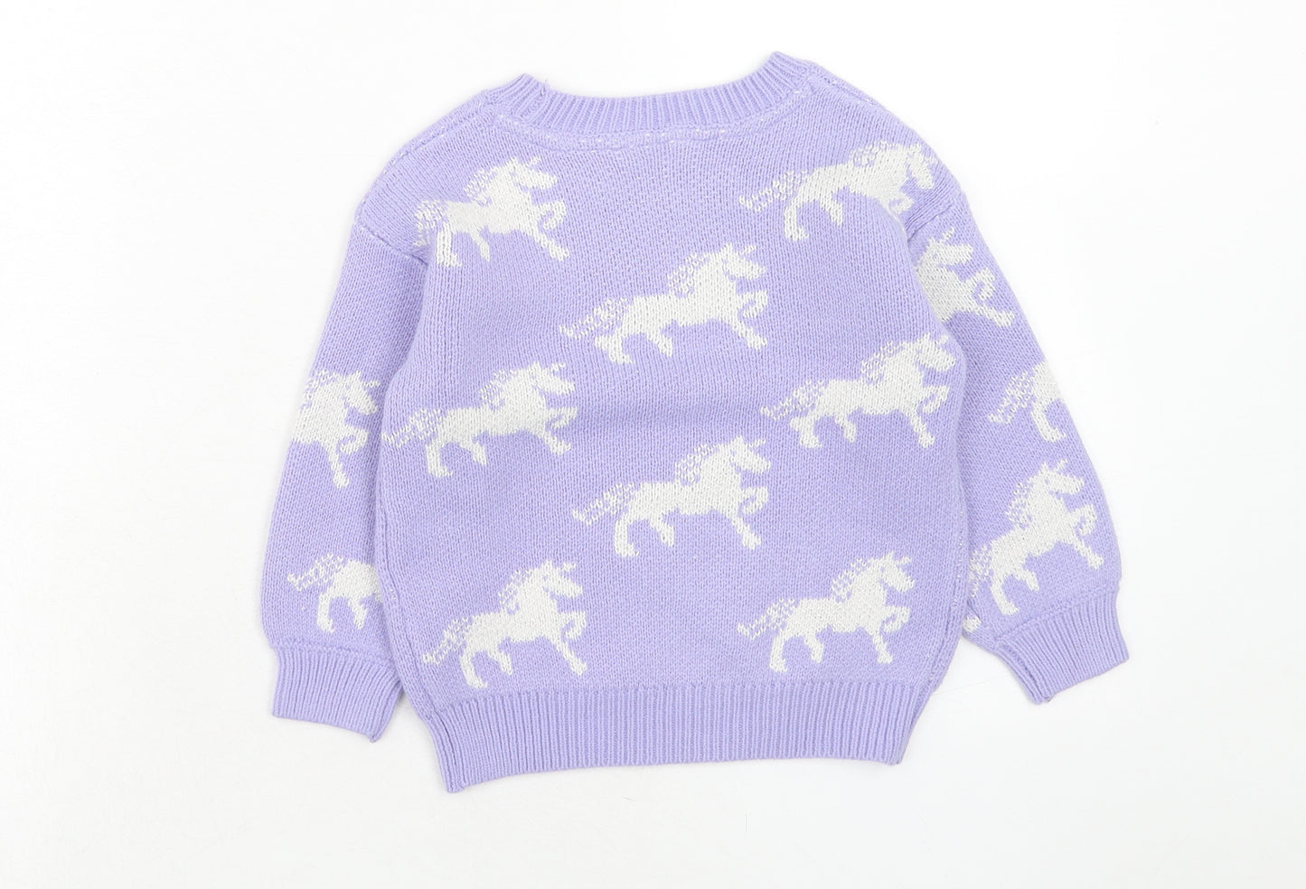 Marks and Spencer Girls Purple Round Neck Geometric Acrylic Pullover Jumper Size 2-3 Years Pullover - Horse