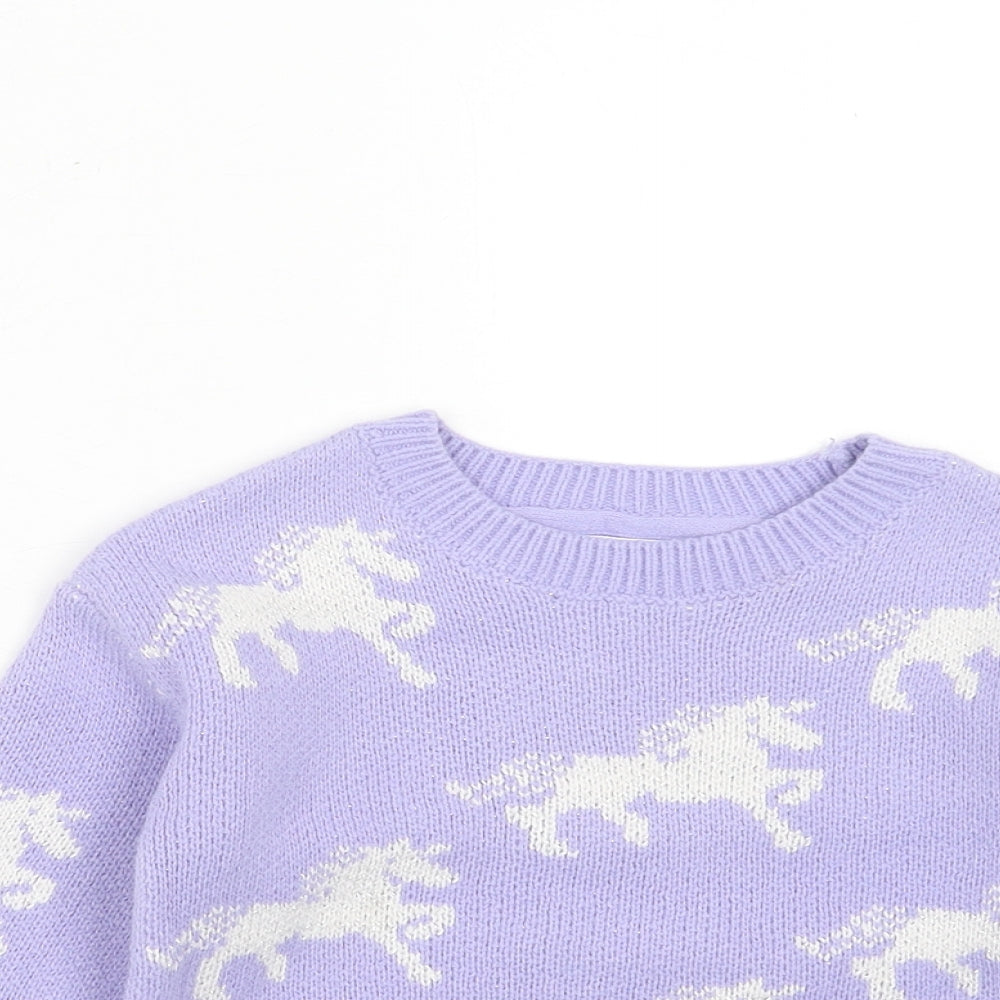 Marks and Spencer Girls Purple Round Neck Geometric Acrylic Pullover Jumper Size 2-3 Years Pullover - Horse