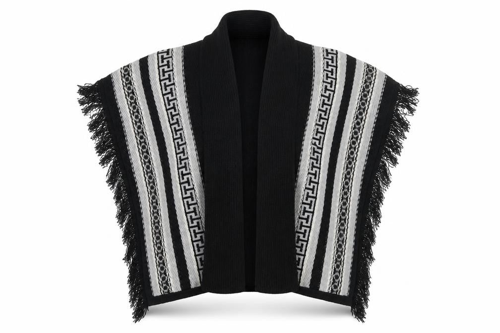 Mani & Co Womens Black V-Neck Geometric Acrylic Cape Jumper Size L
