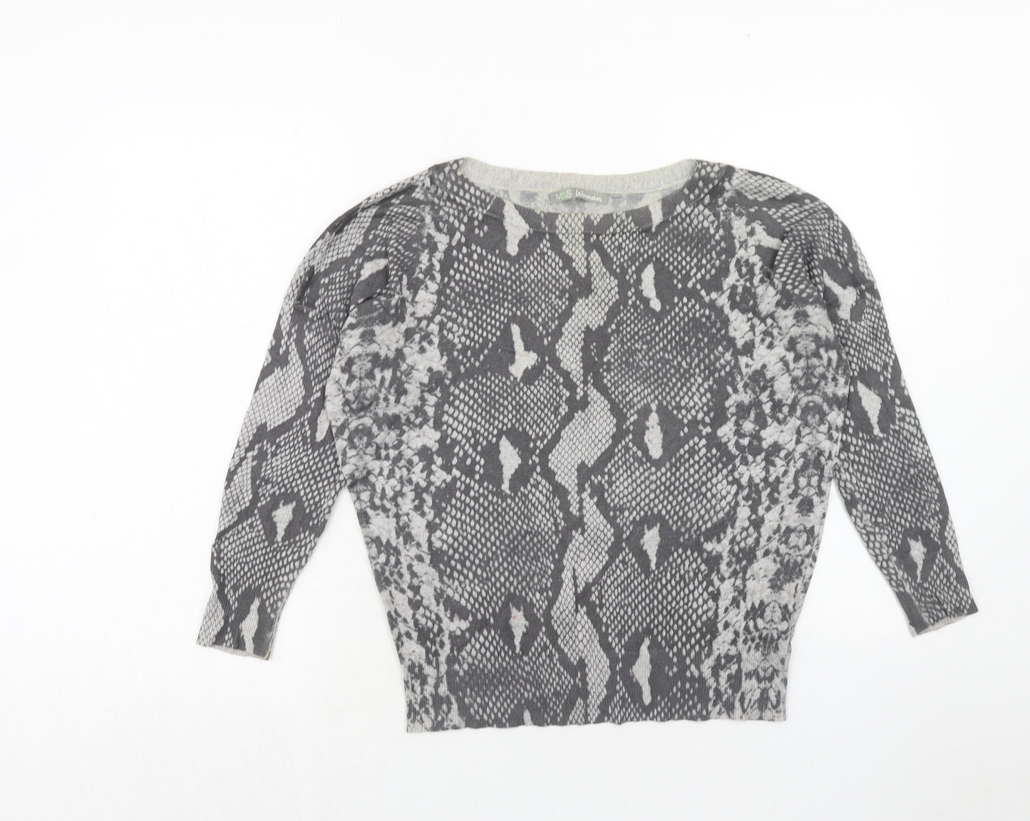 Marks and Spencer Womens Grey Round Neck Animal Print Viscose Pullover Jumper Size 10 - Snakeskin Pattern