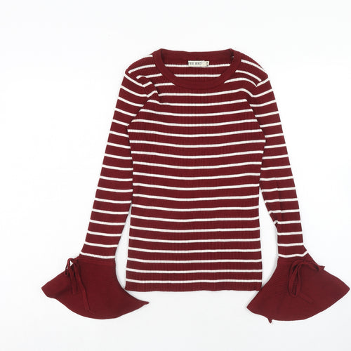 Fee Red Womens Red Round Neck Striped Viscose Pullover Jumper Size S