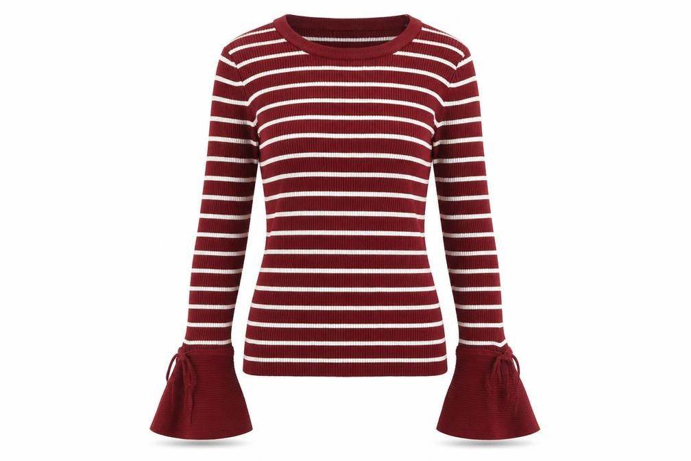 Front view of Fee Red women’s red round neck striped viscose jumper, size S