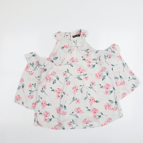 Select Womens White Floral Polyester Basic Blouse Size 10 Round Neck - Cold Shoulder