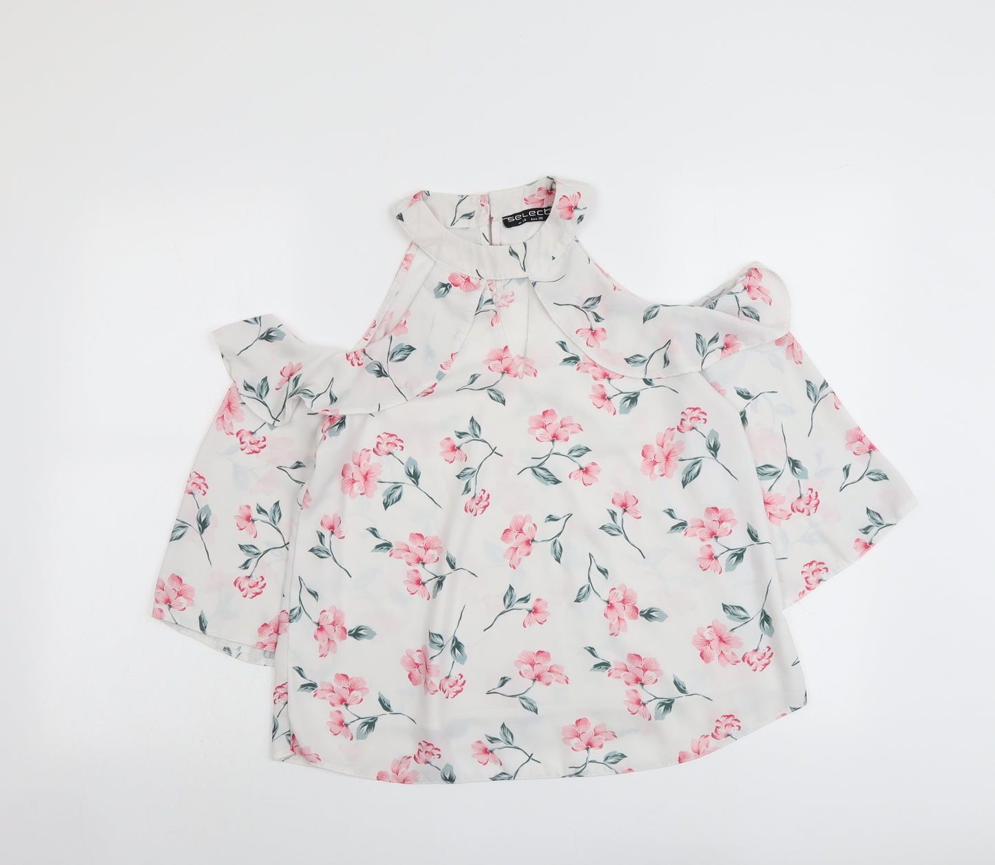 Select Womens White Floral Polyester Basic Blouse Size 10 Round Neck - Cold Shoulder