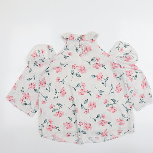 Select Womens White Floral Polyester Basic Blouse Size 10 Round Neck - Cold Shoulder