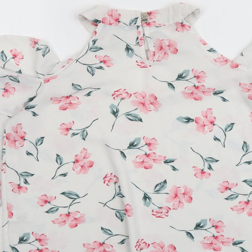 Select Womens White Floral Polyester Basic Blouse Size 10 Round Neck - Cold Shoulder