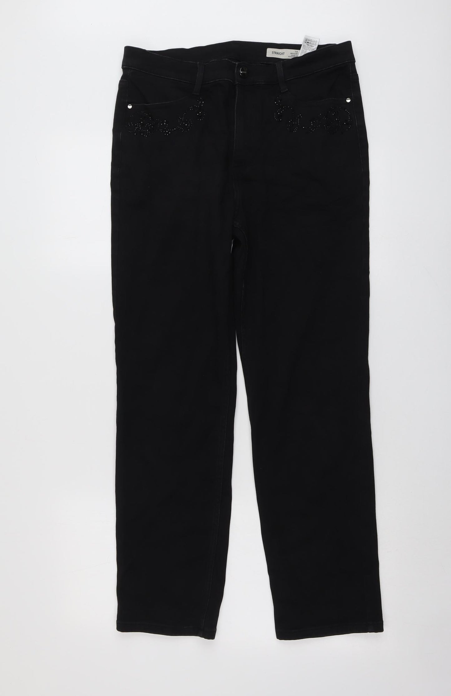 Marks and Spencer Womens Black Cotton Straight Jeans Size 14 L28 in Regular Button