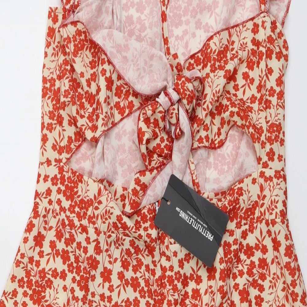 PRETTYLITTLETHING Womens Red Floral Polyester Playsuit One-Piece Size 16 Zip