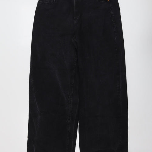 Marks and Spencer Womens Black Cotton Wide-Leg Jeans Size 14 L28 in Regular Button