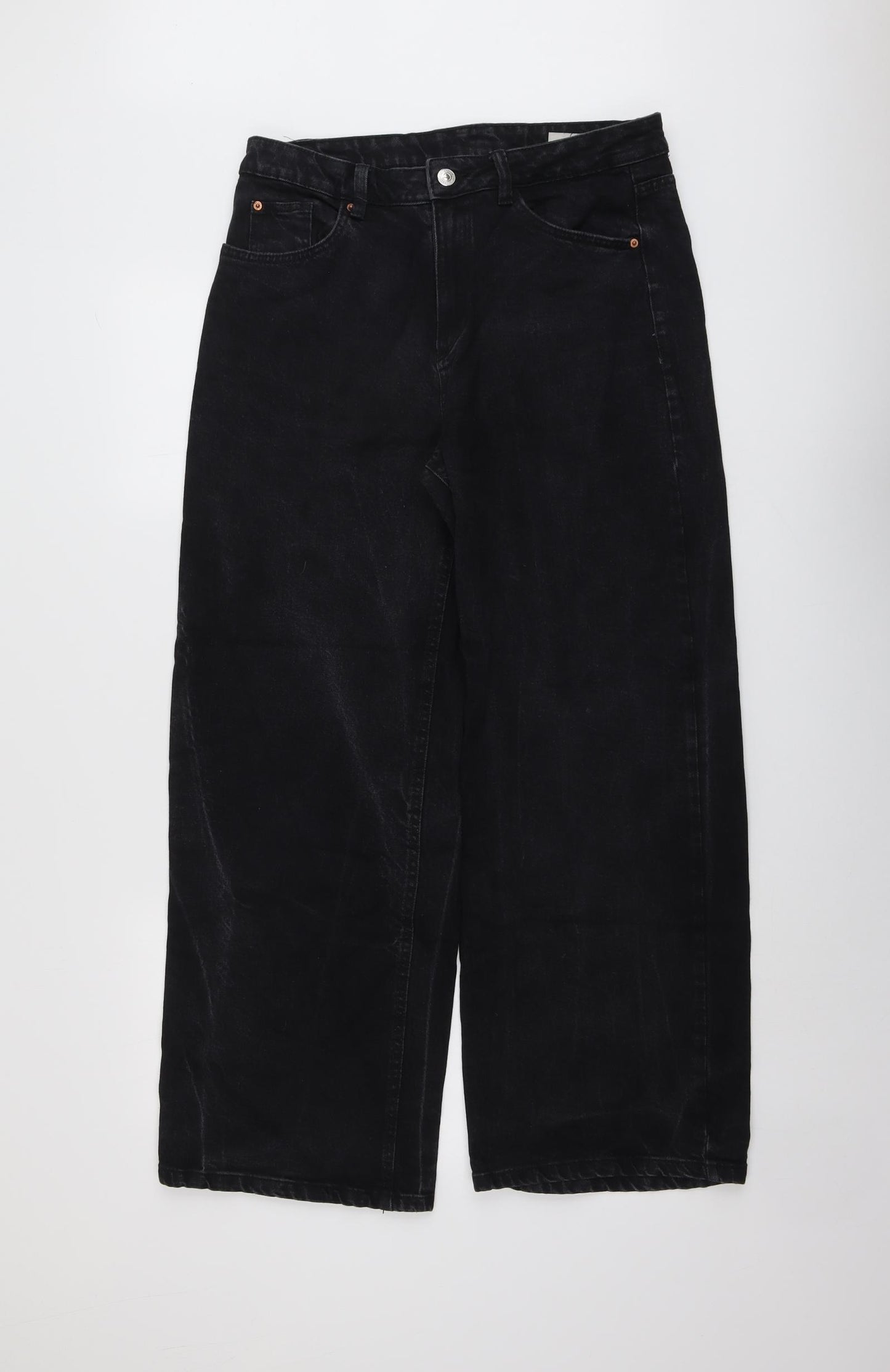 Marks and Spencer Womens Black Cotton Wide-Leg Jeans Size 14 L28 in Regular Button