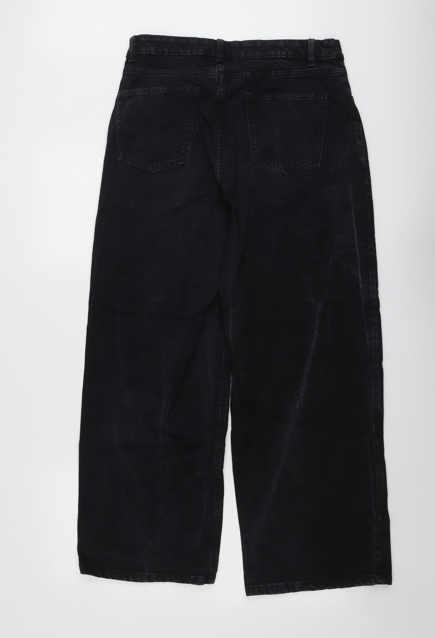 Marks and Spencer Womens Black Cotton Wide-Leg Jeans Size 14 L28 in Regular Button