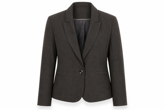 Front view of Next women’s brown striped polyester jacket blazer, size UK 16