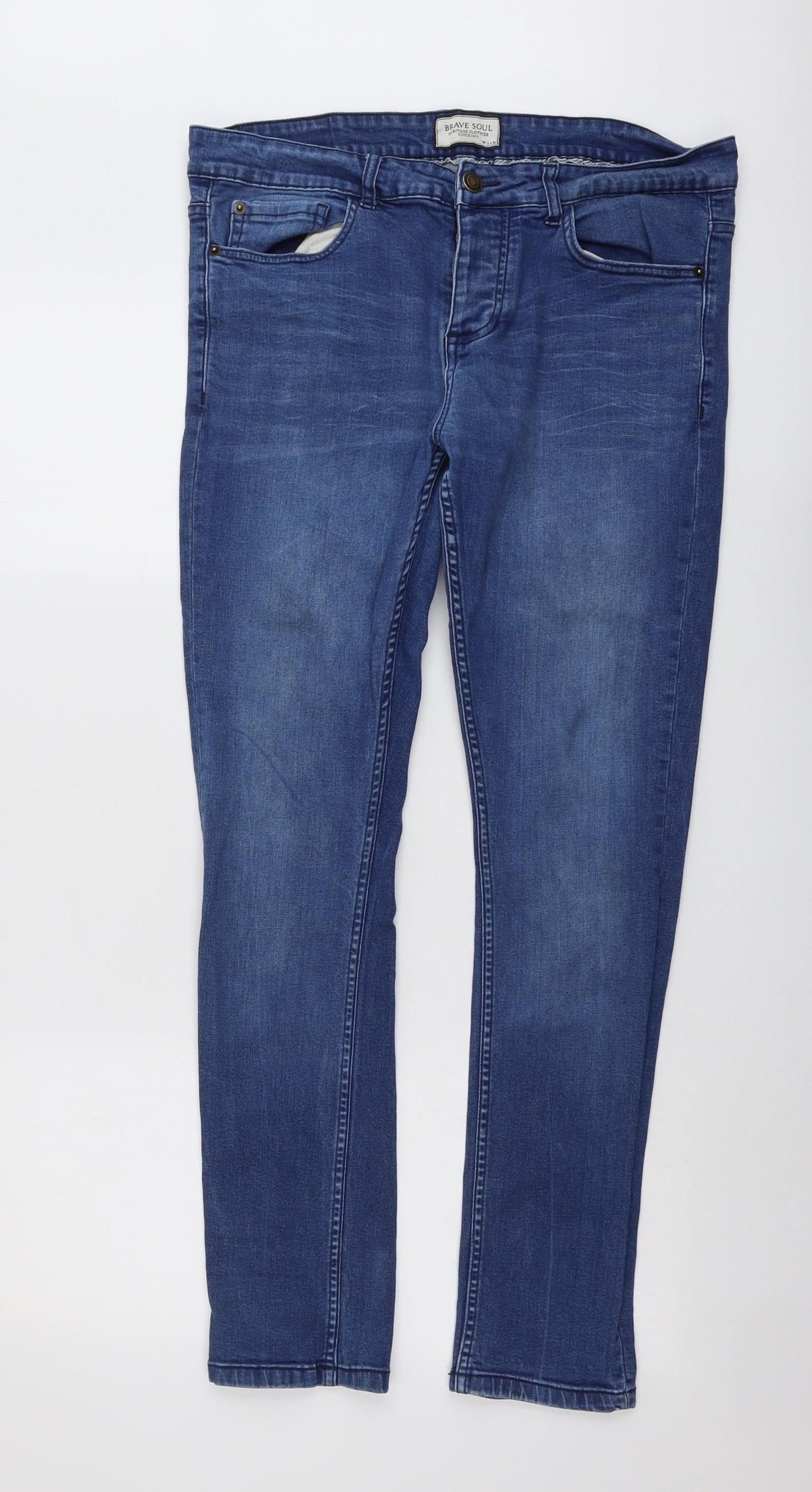 Brave Soul Mens Blue Cotton Skinny Jeans Size 32 in L30 in Regular Button