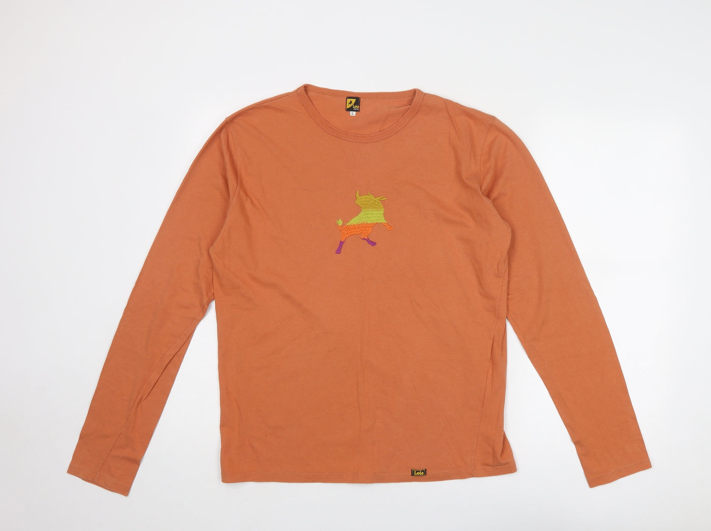 Lois Mens Orange Polyester T-Shirt Size L Round Neck