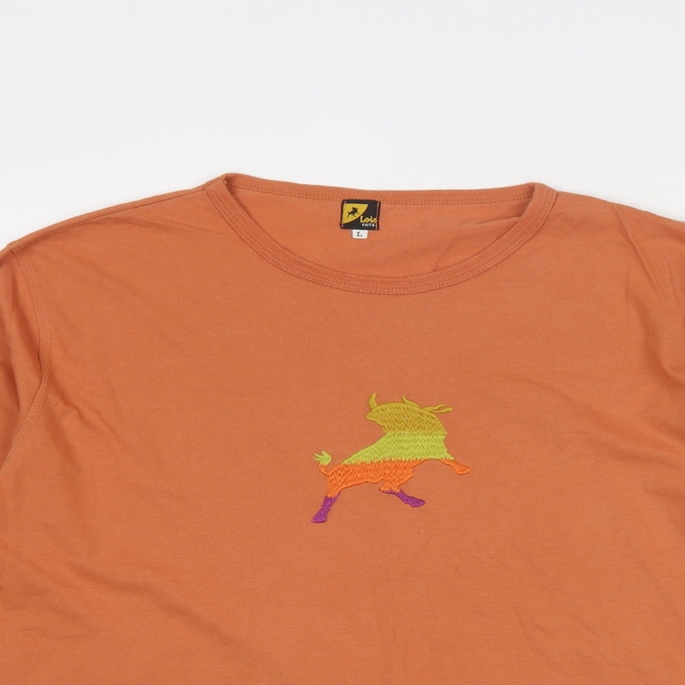 Lois Mens Orange Polyester T-Shirt Size L Round Neck