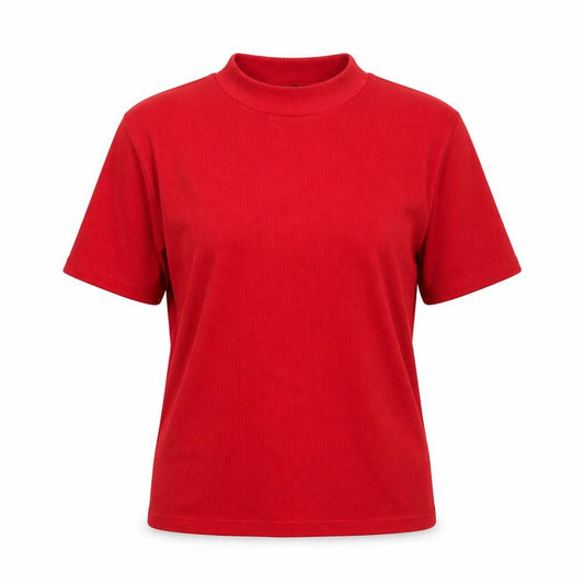 Front view of Ame women’s red polyester basic t-shirt, size S, mock neck -, size S-m