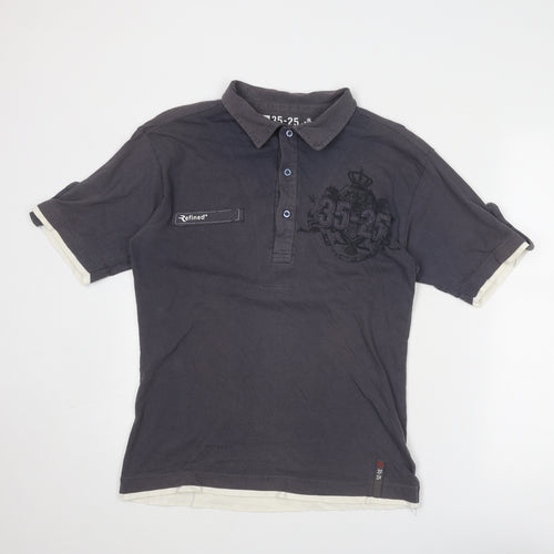 Refined Mens Grey Cotton Polo Size M Collared Button