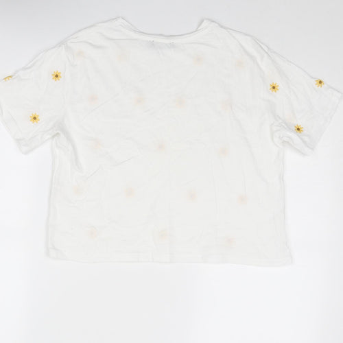New Look Womens White Floral Cotton Basic T-Shirt Size 8 Round Neck