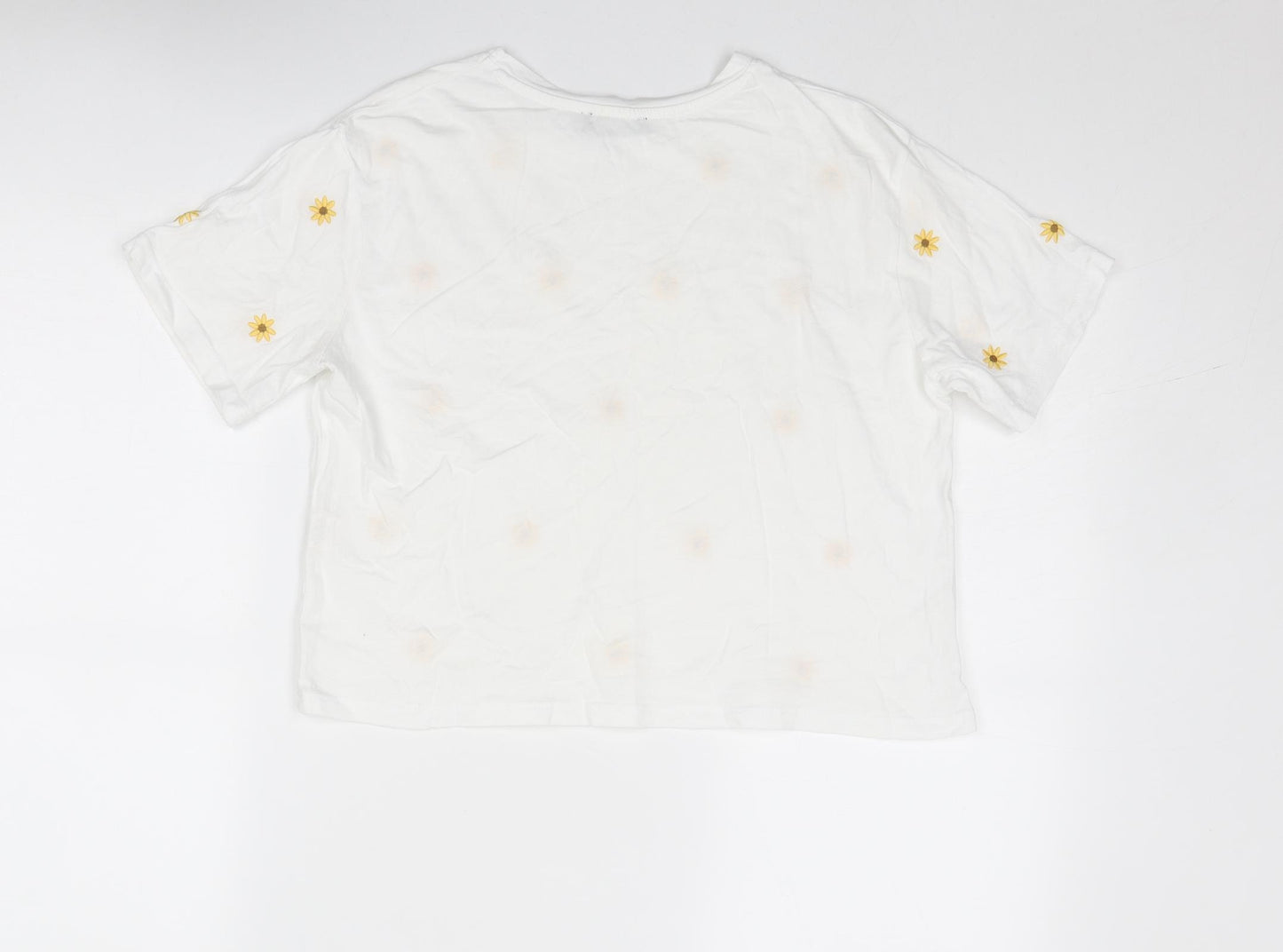 New Look Womens White Floral Cotton Basic T-Shirt Size 8 Round Neck