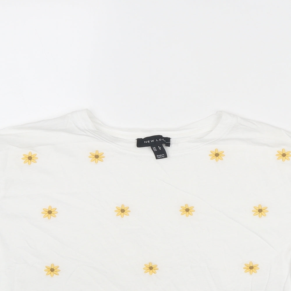 New Look Womens White Floral Cotton Basic T-Shirt Size 8 Round Neck