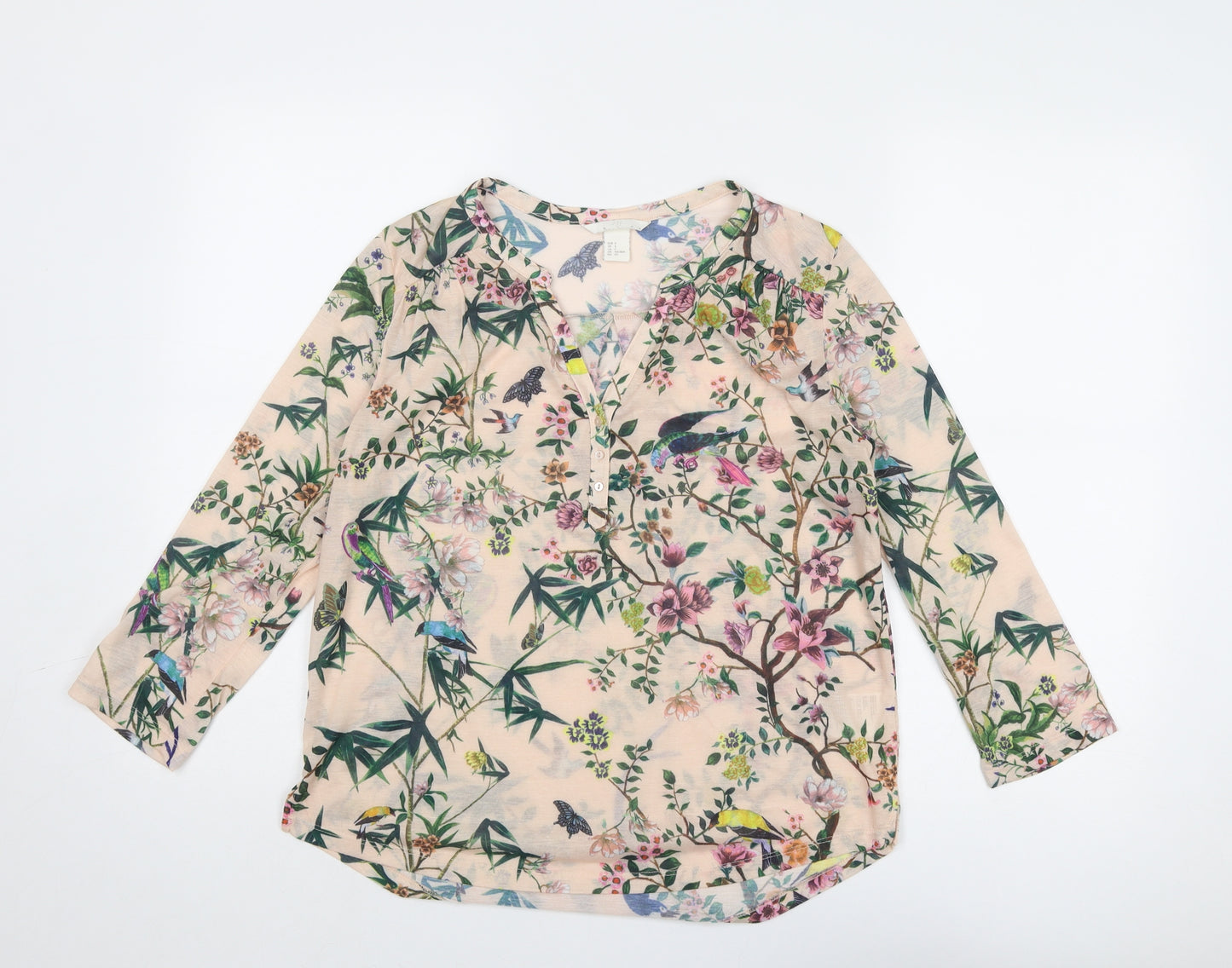 H&M Womens Multicoloured Geometric Polyester Basic T-Shirt Size S V-Neck - Leaf Print Bird
