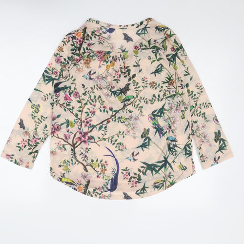 H&M Womens Multicoloured Geometric Polyester Basic T-Shirt Size S V-Neck - Leaf Print Bird