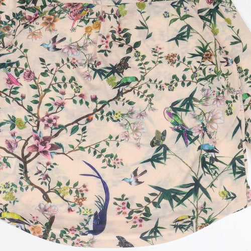 H&M Womens Multicoloured Geometric Polyester Basic T-Shirt Size S V-Neck - Leaf Print Bird