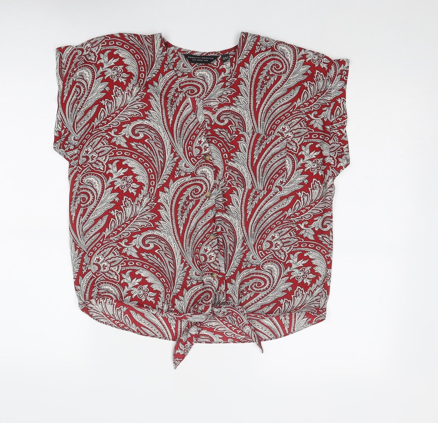 Dorothy Perkins Womens Red Geometric Polyester Basic Blouse Size 10 V-Neck - Knot Front
