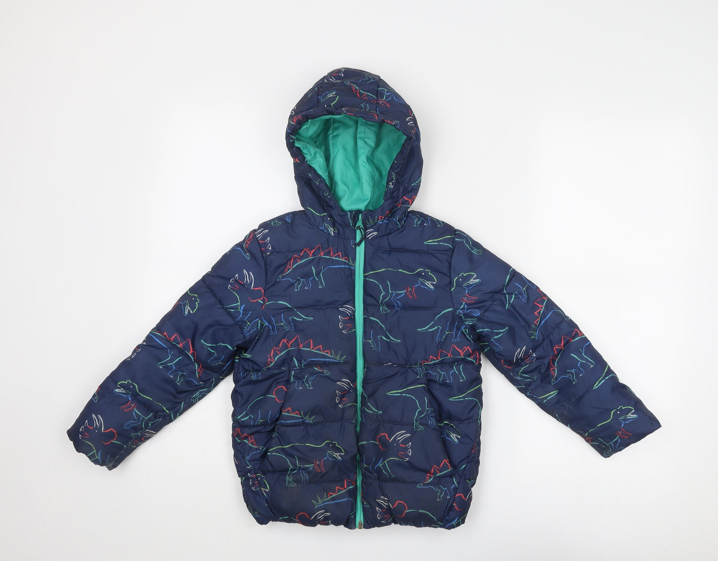 Marks and Spencer Boys Blue Geometric Puffer Jacket Jacket Size 5-6 Years Zip - Dinosaur Print