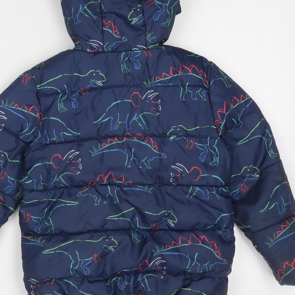 Marks and Spencer Boys Blue Geometric Puffer Jacket Jacket Size 5-6 Years Zip - Dinosaur Print