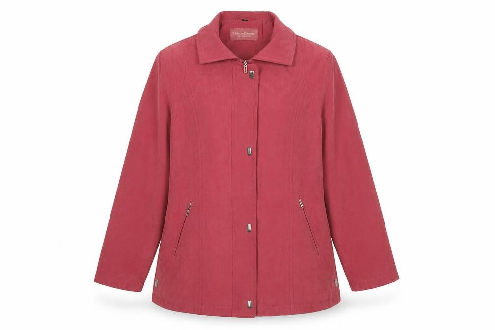 Front view of Katherine Hammond women’s pink jacket, size UK 12, zip