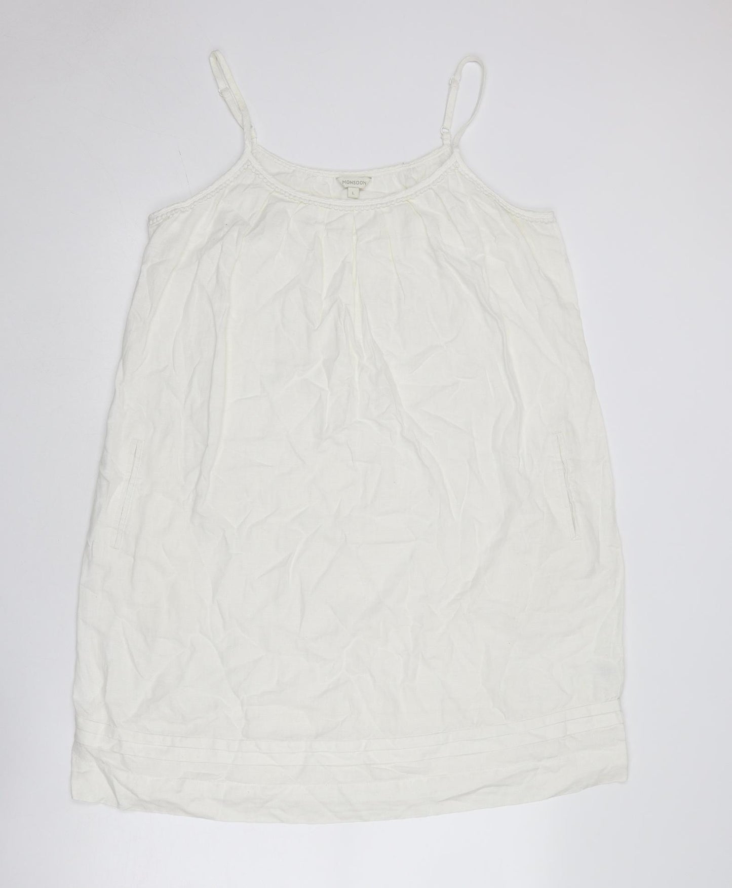 Monsoon Womens White Linen Tank Dress Size L Round Neck Pullover