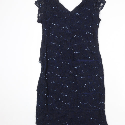Scarlett Nite Womens Blue Nylon Sheath Size 8 V-Neck Zip