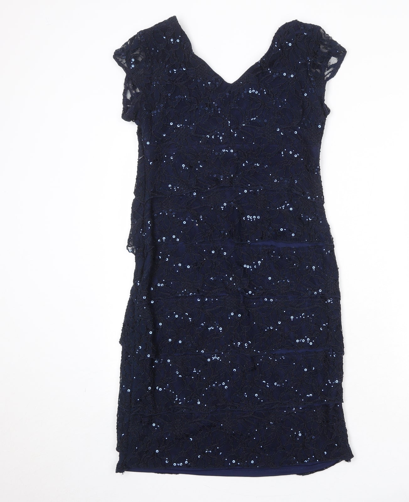 Scarlett Nite Womens Blue Nylon Sheath Size 8 V-Neck Zip