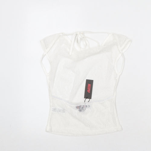 Misspap Womens White Polyamide Basic Blouse Size 6 Round Neck - Open Back