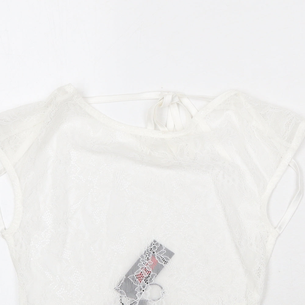 Misspap Womens White Polyamide Basic Blouse Size 6 Round Neck - Open Back