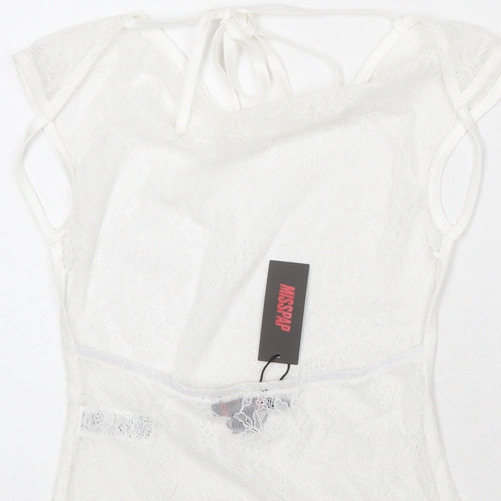 Misspap Womens White Polyamide Basic Blouse Size 6 Round Neck - Open Back