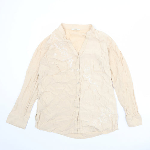 Marks and Spencer Womens Beige Viscose Basic Button-Up Size 12 V-Neck - Size 12-14