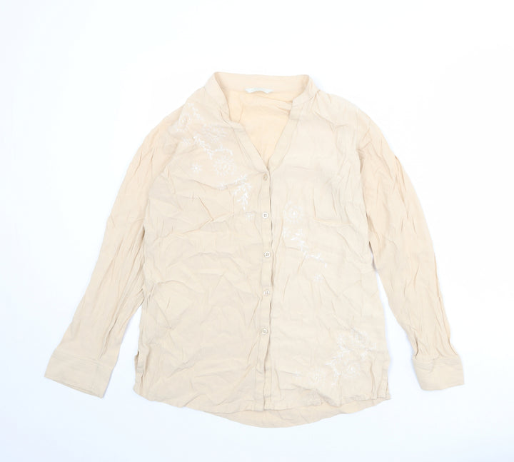Marks and Spencer Womens Beige Viscose Basic Button-Up Size 12 V-Neck - Size 12-14