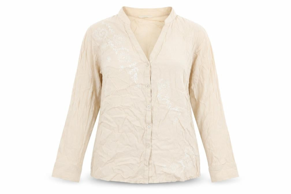 Front view of Marks & Spencer women’s beige viscose basic button-up, size UK 12, v-neck -, size UK 12-14