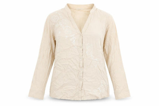 Front view of Marks & Spencer women’s beige viscose basic button-up, size UK 12, v-neck -, size UK 12-14